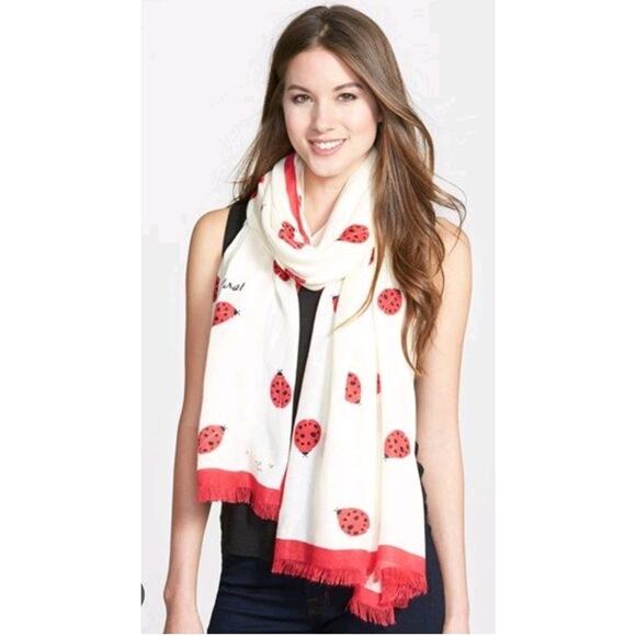 Kate Spade Ladies First Ladybug Print Scarf 80" x 30" Off White, Red, Blk - Picture 1 of 5